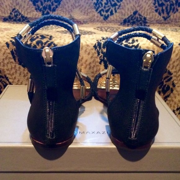 NEW BCBGMaxAzria Royale Black Gold Leather Sandals - Picture 4 of 9